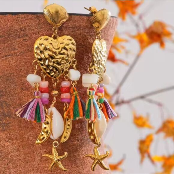New ANTHRO Gold Ss Seashell Heart Beaded Tassel  Starfish Dangle Earrings - Picture 9 of 12